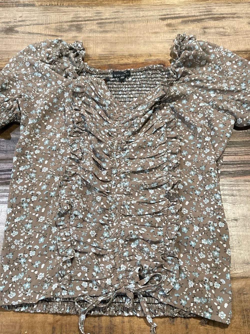 Zenobia Brown Floral Ruffle Ruched Top